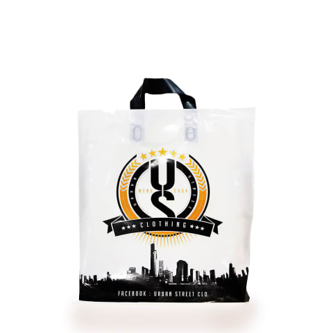 Bolsa plástica blanca con asas flexibles personalizada para la marca: Urban Street