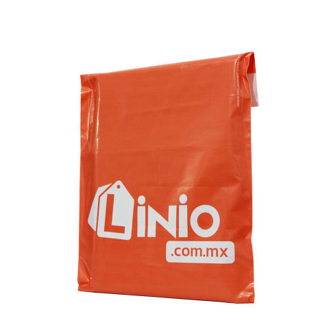 Bolsa resellable naranja para envíos de E-Commerce impresa con logotipo de: Linio.