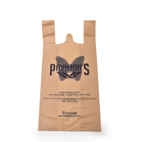 Bolsa de camiseta personalizada en color beige con logotipo de: Pavillion's.