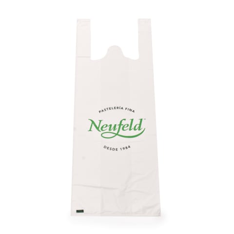 Bolsa tipo camiseta impresa y personalizada con logotipo de pastelerías: Neufeld.