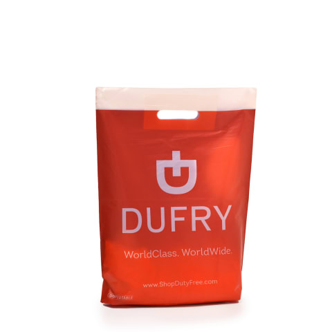Bolsa plástica con asas troqueladas impresa en color naranja: Dufry