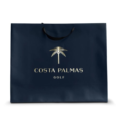 Bolsa azul con acabado hot-stamping con logotipo en dorado: Costa Palmas Golf