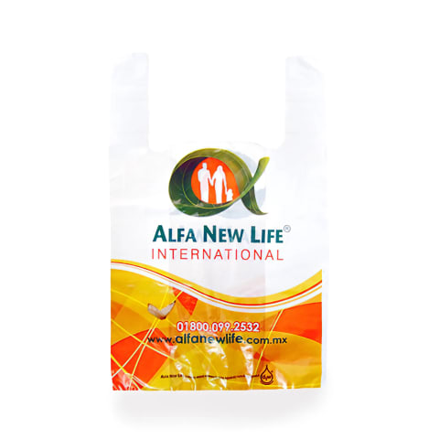 Bolsa asa camiseta impresa a todo color con diseño y logotipo de: Alfa New Life.