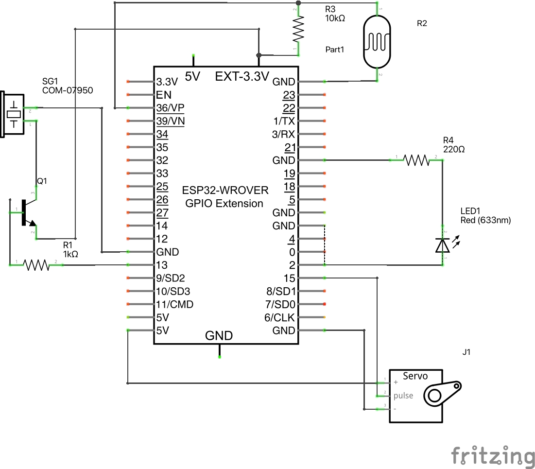 Servo, a passive buzzer, an LED, and a photoresistor Schema