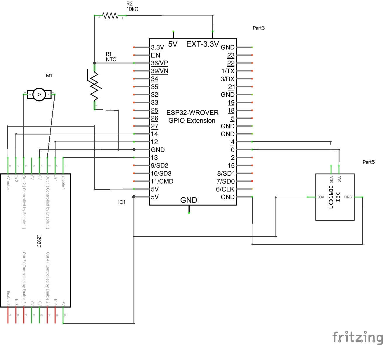 DC Motor, an LCD 1602, and a thermistor ESP32 image