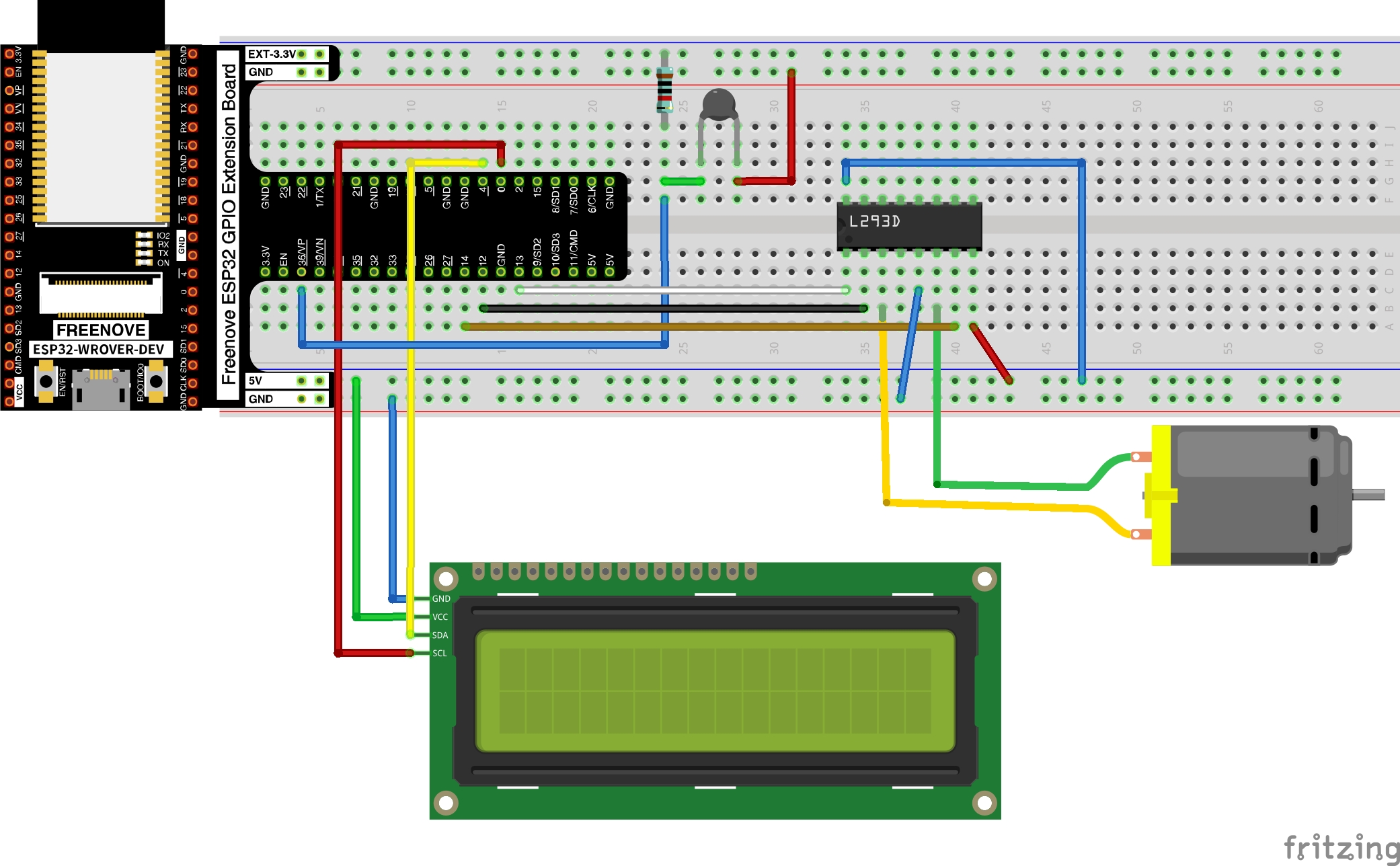 DC Motor, an LCD 1602, and a thermistor ESP32 image