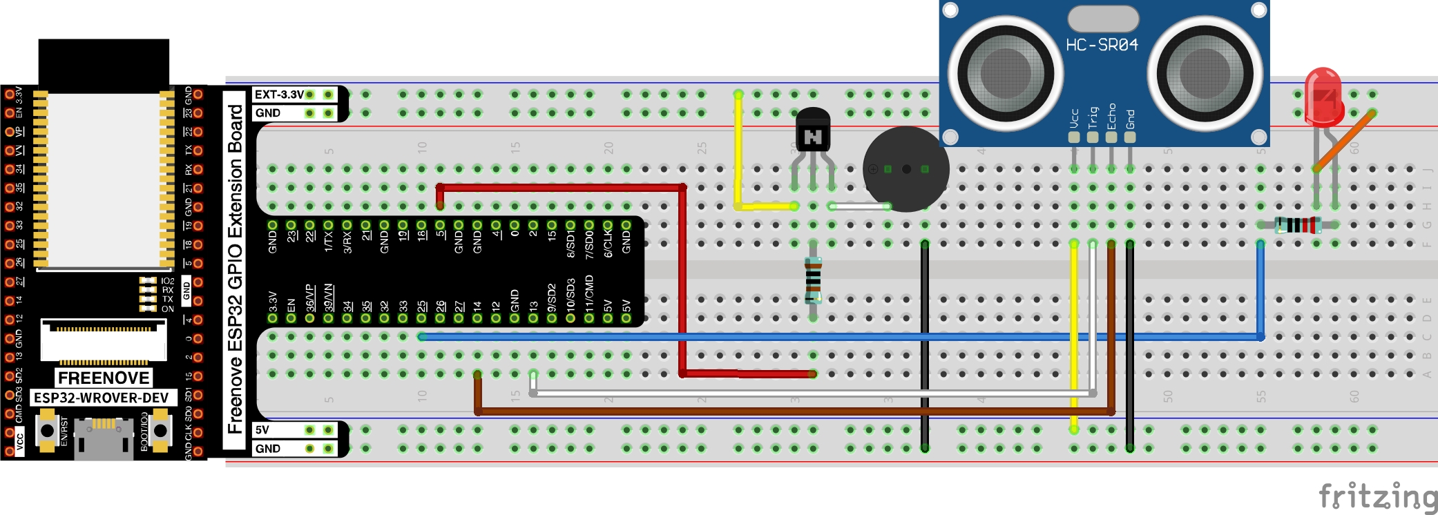 Ultrasonic Ranging, a passive buzzer, an LED Breadboard View image