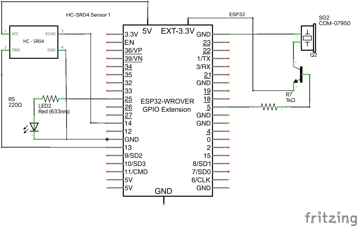 Ultrasonic Ranging, a passive buzzer, an LED Schema