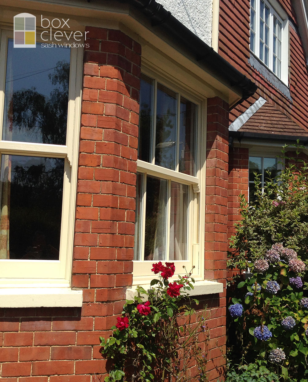 Masterframe Bygone Collection UPVC Sash Windows - Cream Woodfoil 3 Part Bay with Georgian Bar Design - Oxford