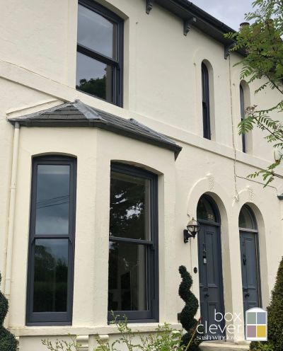 Anthracite Grey Sash Windows, 3 Part bay and Arched Head