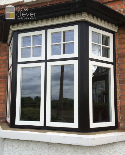 Evolution Storm UPVC Flush Casement Windows - Connected Bay with Black Frames and White Sashes - Hook, Hampshire