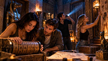 Escape room players working together to solve ancient puzzles, exploring the psychology of teamwork and problem-solving at Boxroom Escape Games in Hollywood, FL.