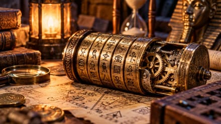 Close-up of an intricate brass escape room puzzle with gears, ancient symbols, and hidden mechanisms, illustrating what makes a good escape room.