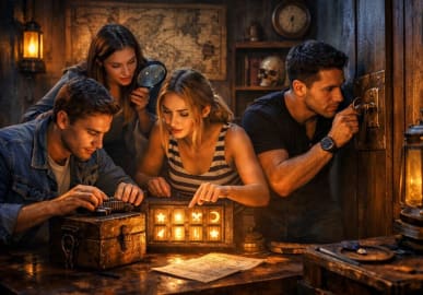 Friends solving puzzles together in a themed escape room near Fort Lauderdale, searching for clues and unlocking a mystery during an immersive team adventure.