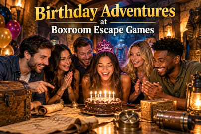 Birthday celebration at Boxroom Escape Games in Hollywood, FL, featuring friends enjoying a birthday cake inside an immersive escape room with ancient Egyptian decorations, puzzles, and adventure props.