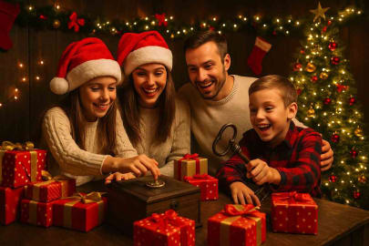 Family celebrating Christmas in an escape room at Boxroom Escape Games in Hollywood, Florida, with holiday decorations, festive lights, and joyful teamwork.