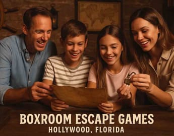 Family solving puzzles together inside an escape room decorated with adventurous props, promoting Columbus Day and Indigenous Peoples’ Day fun at Boxroom Escape Games in Hollywood, Florida.