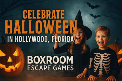 Children in Halloween costumes smiling next to glowing pumpkins with text “Celebrate Halloween in Hollywood, Florida – Boxroom Escape Games,” promoting a family-friendly escape room adventure at 2042 Hollywood Blvd, Hollywood, FL.