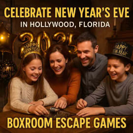 Family celebrating New Year’s Eve inside an escape room at Boxroom Escape Games in Hollywood, Florida, surrounded by festive decorations, solving puzzles together with joyful anticipation of the midnight countdown.