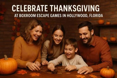 Family smiling and solving puzzles together in an escape room decorated with autumn leaves and pumpkins, promoting Thanksgiving fun at Boxroom Escape Games in Hollywood, Florida.