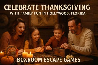 Family enjoying Thanksgiving-themed escape room adventure at Boxroom Escape Games in Hollywood, Florida, smiling and working together on puzzles in a cozy, festive atmosphere.