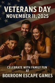 Family celebrating Veterans Day 2025 with an escape room adventure at Boxroom Escape Games in Hollywood, Florida.