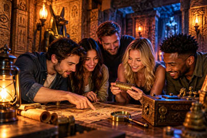 Friends working together to solve escape room puzzles, decode clues, and unlock mysteries at Boxroom Escape Games in Hollywood, Florida.