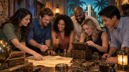 Corporate team solving puzzles during a team building escape room experience at Boxroom Escape Games in Hollywood, FL.