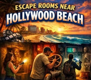 Escape room adventure scene near Hollywood Beach with players solving puzzles, treasure chest, countdown timer and the sign “Boxroom Escape Games” in South Florida.