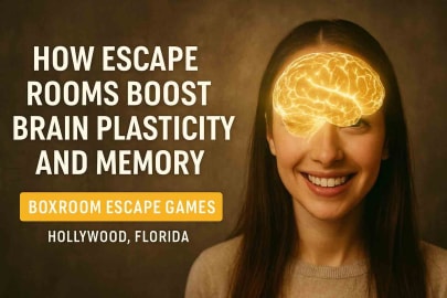 Smiling woman with glowing brain illustration above her head, symbolizing how escape rooms at Boxroom Escape Games in Hollywood, Florida, boost brain plasticity and memory.