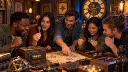 Team working together to solve clues and puzzles in an escape room at Boxroom Escape Games in Hollywood, FL.