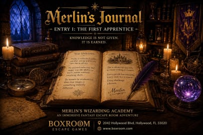 Ancient journal of Merlin lying open on a medieval wooden desk surrounded by candles, magical artifacts, scrolls, and enchanted books in a wizard's study.
