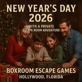 Family celebrating New Year’s Day 2026 with a private escape room adventure at Boxroom Escape Games in Hollywood, Florida.