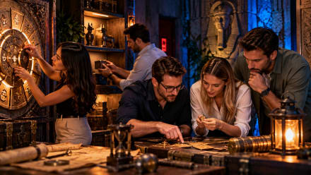Corporate team building group solving interactive escape room puzzles at Boxroom Escape Games in Hollywood, Florida.