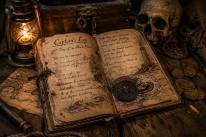 Old pirate captain's journal lying inside a haunted shipwreck with mysterious treasure map and lantern light.