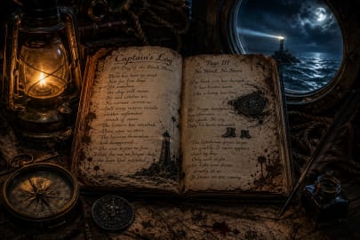Ancient pirate captain's journal beside a glowing black coin, abandoned compass, and lantern inside a haunted shipwreck cabin.