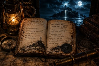 Ancient pirate captain's journal beside a nautical telescope, mysterious black coin, old sea charts, and a haunted lighthouse visible beyond the ship at night.