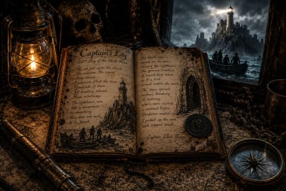 Ancient pirate captain's journal beside a mysterious black coin, nautical telescope, and old sea charts with a haunted lighthouse and dark island visible through the cabin window.