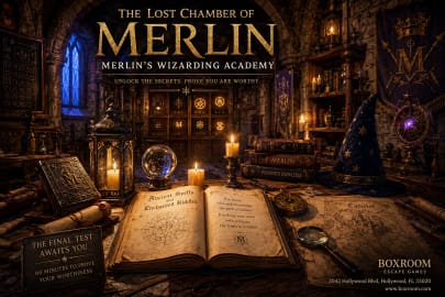 Ancient medieval wizard's study filled with magical books, enchanted artifacts, candles, and secret scrolls inside Merlin's Wizarding Academy escape room.