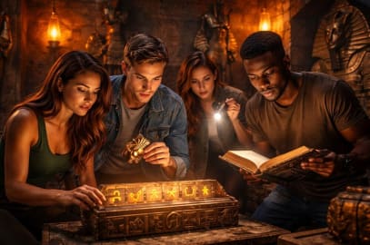 Team of players solving puzzles in an Egyptian-themed escape room in South Florida, working together to unlock clues during an immersive adventure game.