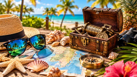 Summer break adventure ideas in South Florida featuring a tropical beach, sunglasses, seashells, a treasure chest with escape room puzzles, and a map.