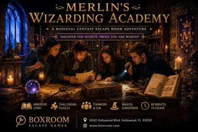 Visitors exploring Merlin's Wizarding Academy, a medieval fantasy escape room filled with ancient books, magical artifacts, hidden puzzles, and candlelit castle scenery.