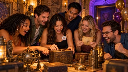Promotional illustration of friends celebrating a birthday while solving an escape room challenge at Boxroom Escape Games in Hollywood, Florida