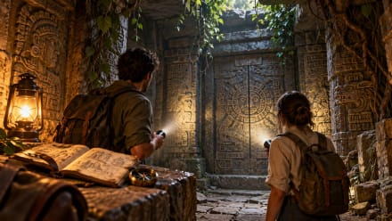Explorers illuminate an ancient stone doorway in a promotional illustration for The Last Expedition escape room at Boxroom in Hollywood, Florida