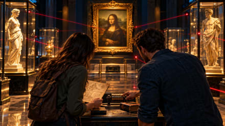 Team solving a museum mystery with Mona Lisa, statues and security lasers — Escape with Mona Lisa at Boxroom Escape Games in Hollywood, Florida
