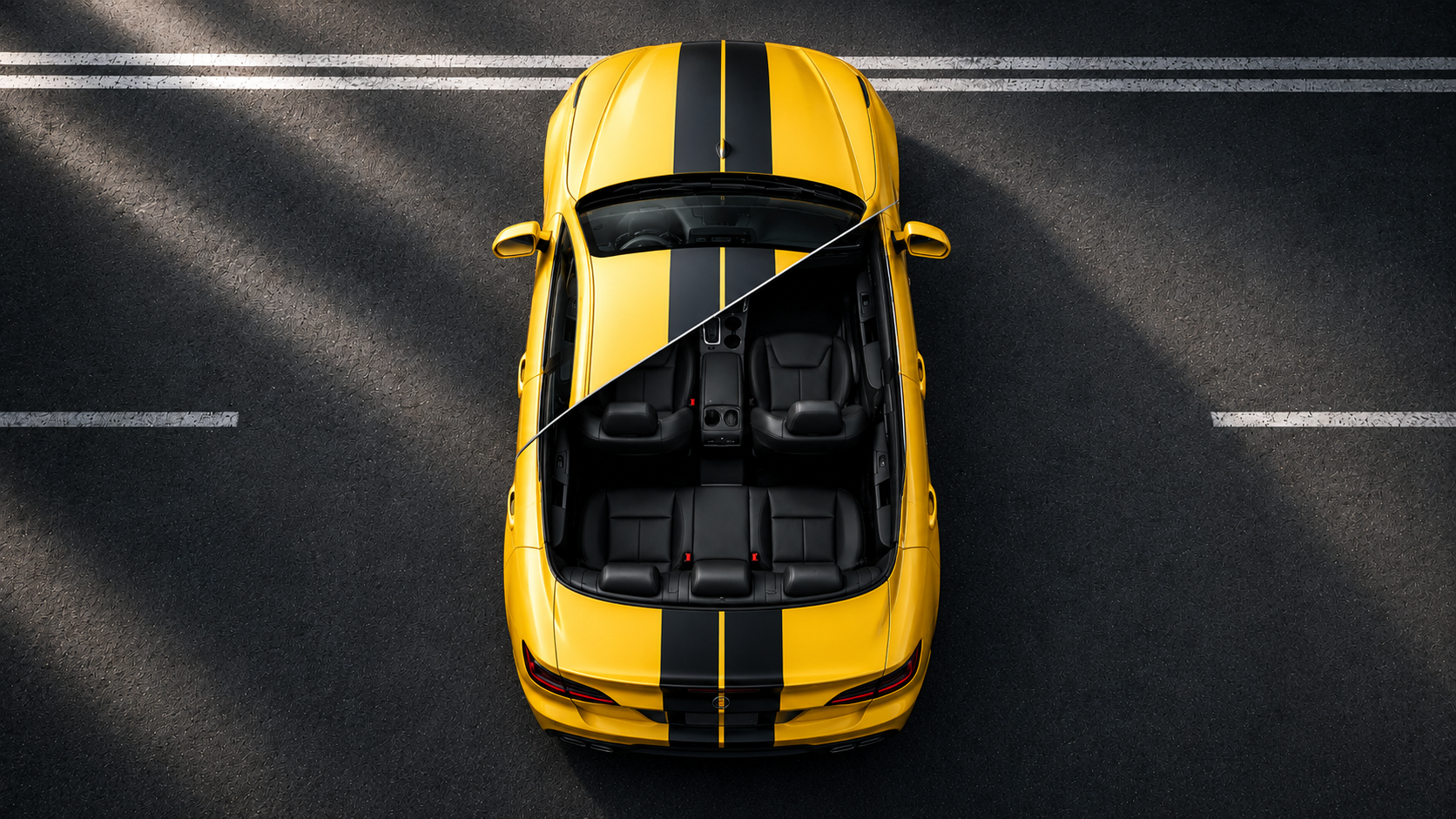 Yellow vehicle shown from above with a split exterior and interior view