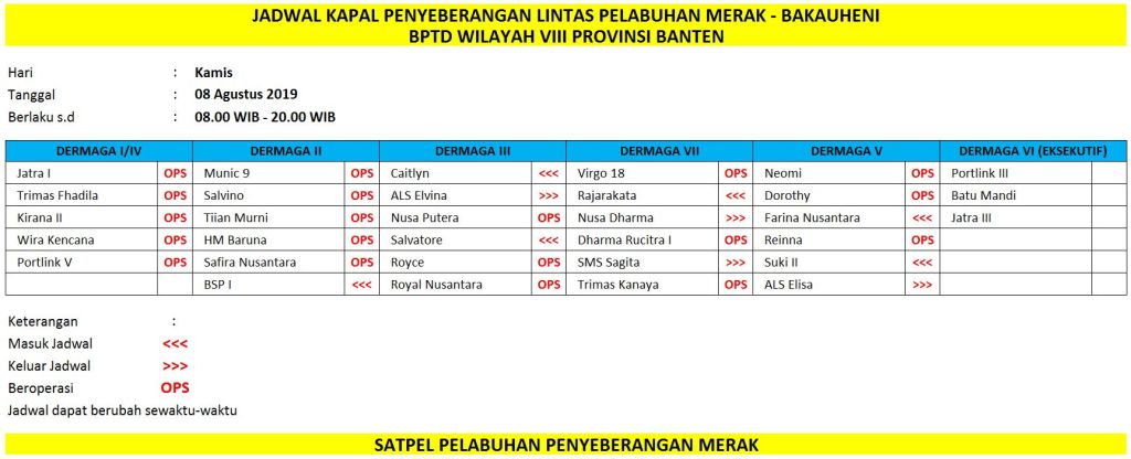 Jadwal Kapal Merak – Bakauheni (8 Agustus 2019) – BPTD Wilayah VIII Provinsi Banten