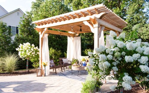 Wood pergola with curtains on a paver patio with white hydrangeas