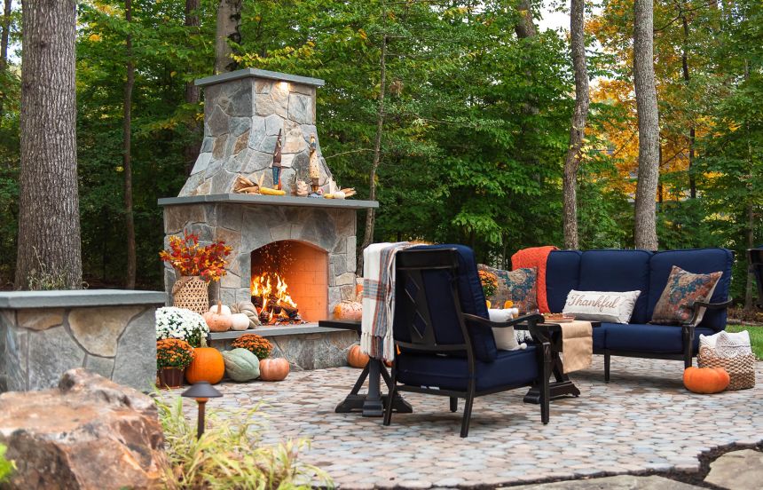 Thanksgiving staged paver patio and wood burning outdoor fireplace