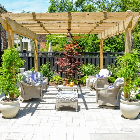 Natural wood pergola-covered lounge area filled with tall ferns